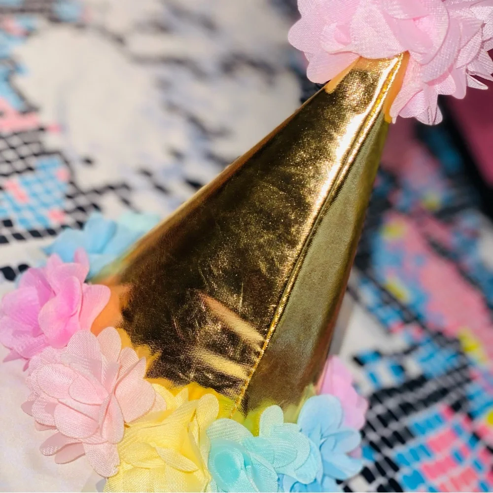 Birthday Rainbow Gold Cone Hat - Shiny Birthday Hat, 1st Birthday Rainbow Hat